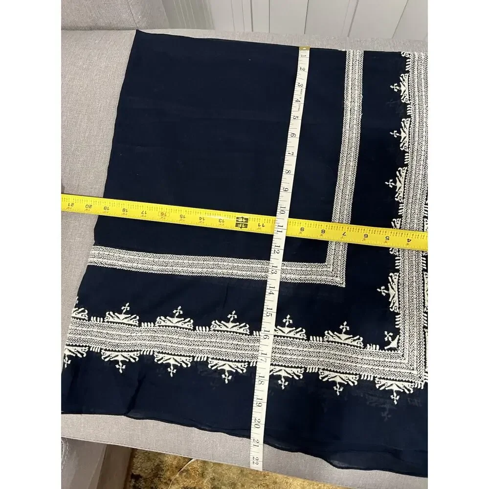 J .Crew Scarf Navy blue Embroidered cotton square Wrap Scarf Fringe Sz 19”x20
